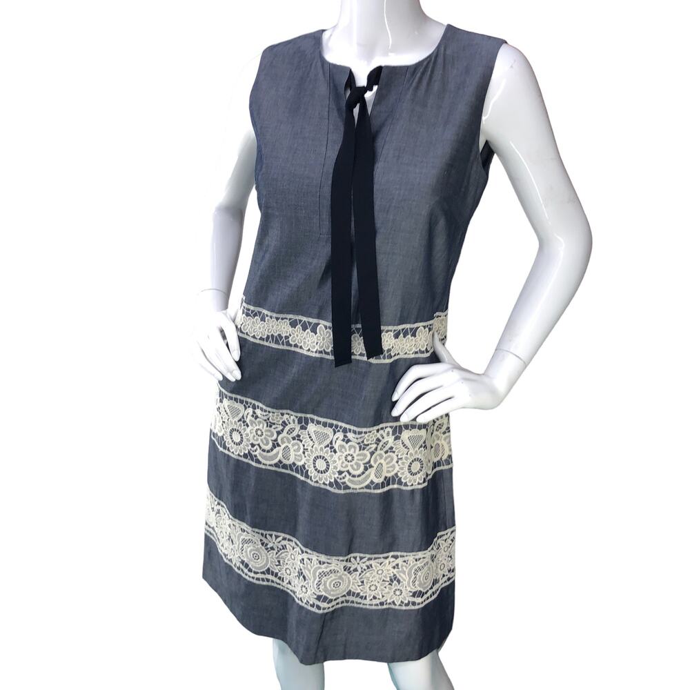 Karl Lagerfeld Paris Women Size 4 Shift Dress Lace Trim Sleeveless Chambray Blue
